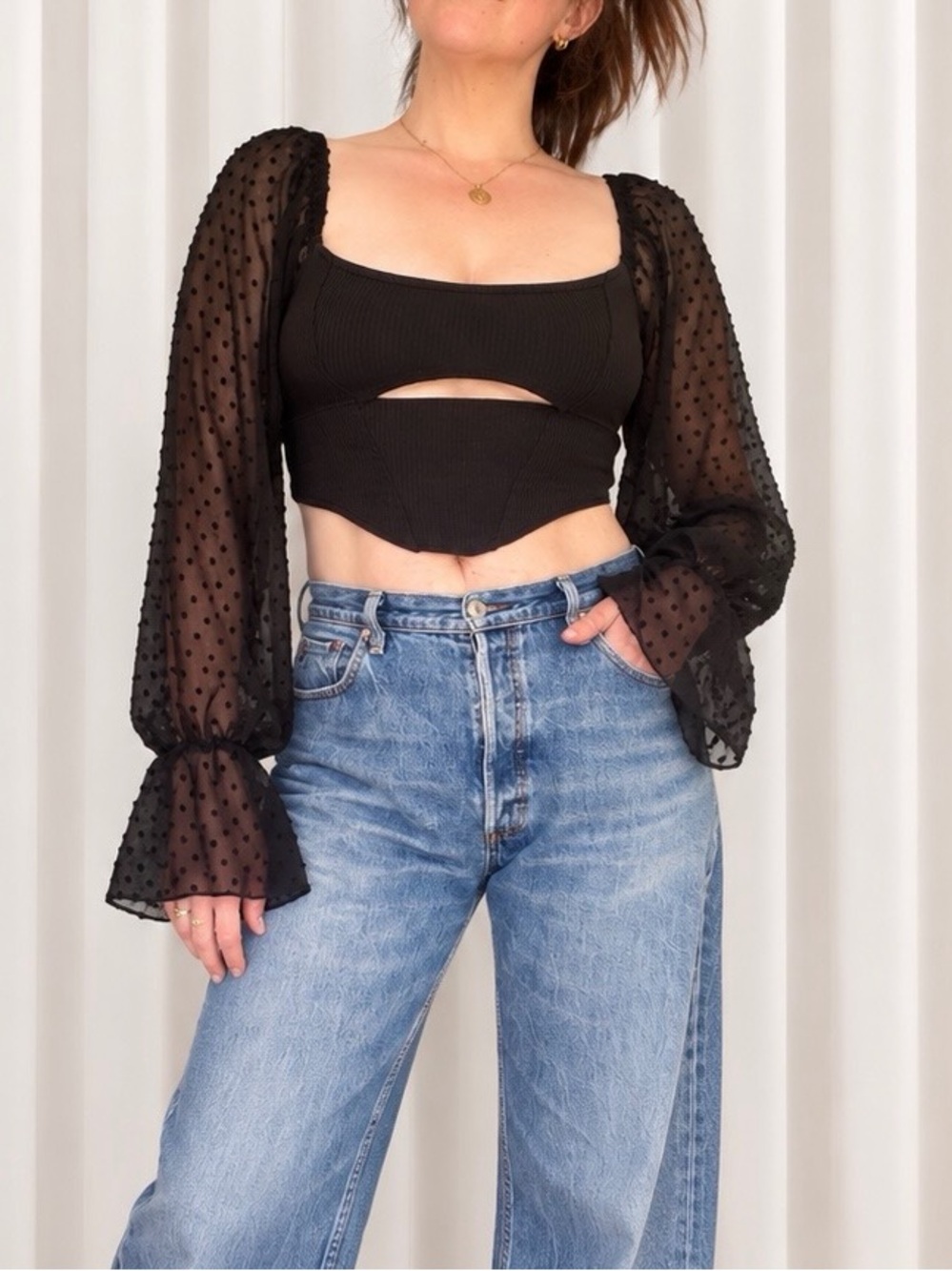 Urban Outfitters Black Swiss Dot Sheer Sleeve Cutout Top NWOT
